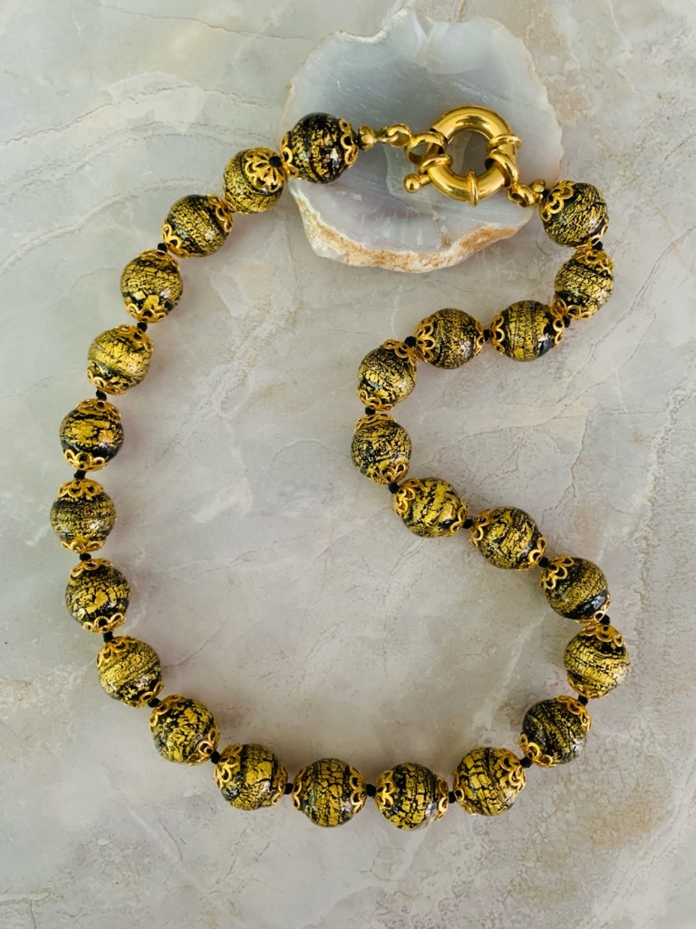 Greta Murano Gold and Black Glass Beaded Filigree Necklace Vintage